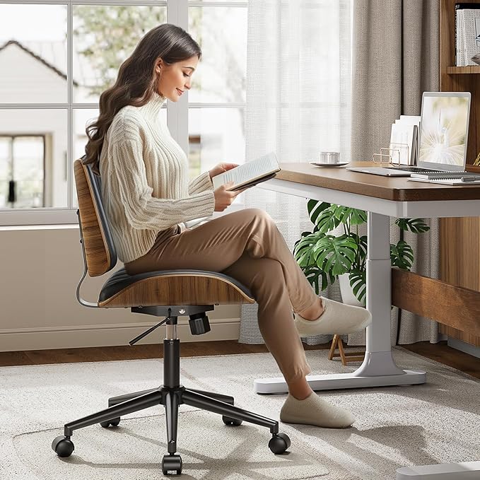 Home Office Chair with Wheels Set of 2, Armless Desk Chair Adjustable Height with Lumbar Support, Swivel Rolling, Modern Walnut Backrest for Office, Small Space, Black, Vertical Stripe