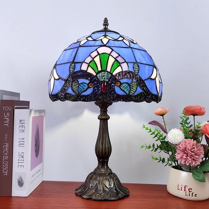 Tiffany Table Lamp 12X12X19 Inch Stained Glass Lamp Blue Baroque Style Antique Bedside Desk Nightstand Light for Bedroom Living Room Home Office Include 3-Color LED Bulb