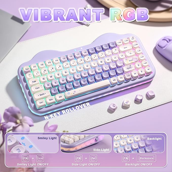YUNZII C75 Wireless Mechanical Keyboard,75% Layout, Hot-Swappable NKRO,BT5.0/2.4G/USB-C Mode,Dye-Sub PBT MOA Keycaps,RGB Gasket Mount,Cute Cake Design for Mac/Win/Gaming (Purple, Milk V2 Switch)