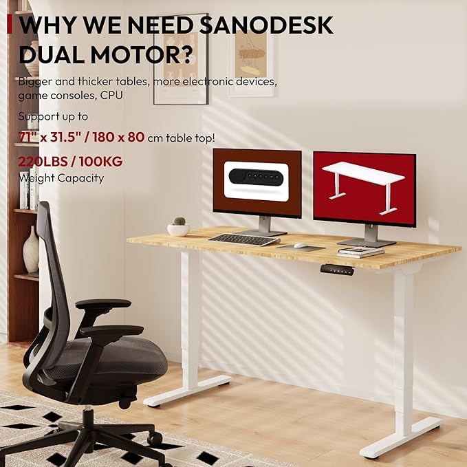 SANODESK 55 Inch 3 Stage Bamboo Electric Standing Desk, Dual Motor Height Adjustable Desk, Whole-Piece Desktop Sit to Stand Home Office Desk (White Frame/ 55” x 28” Natural Bamboo Top)