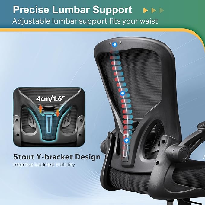 DEVAISE Office Chair, Ergonomic Computer Desk Chair with Flip-up Armrests, Comfy Mesh with Adjustable Lumbar Support, Black