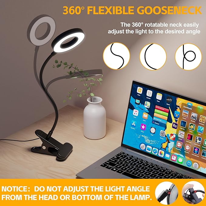Foneso Desk Lamp Clip on Light with Adapter, 48 LED Reading Lamp with USB Charging Port, 3 Color Mode 10 Brightness Levels, Flexible Gooseneck, Memory Function Clamp Lamp for Home, Office, Makeup