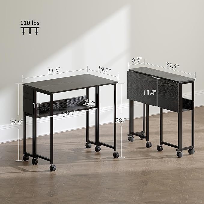 HOMCOM Small Folding Desk, Rolling Computer Desk Foldable with Storage Bag and Shelf, 31.5" Portable Writing Table on Wheels for Small Spaces, Home Office, Study, Easy Assembly, Black