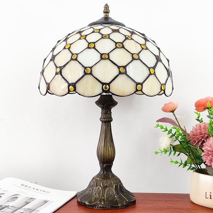 Tiffany Lamp Stained Glass Table Lamp - Antique Bedside Desk Reading Light With 3-Way Color LED - Living Room Nightstand 12X12X19 Inches - Home Office Desk Lamp - Cream White Pearls Style