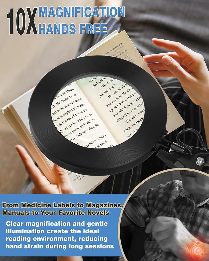 NOEVSBIG Magnifying Glass Desk Lamp with 3-Section Swing Arm and Big Clamp, Magnifying Glass with Light and Stand, 10X Wide Desk Magnifier Light for Reading/Office/Crafting/Close Work
