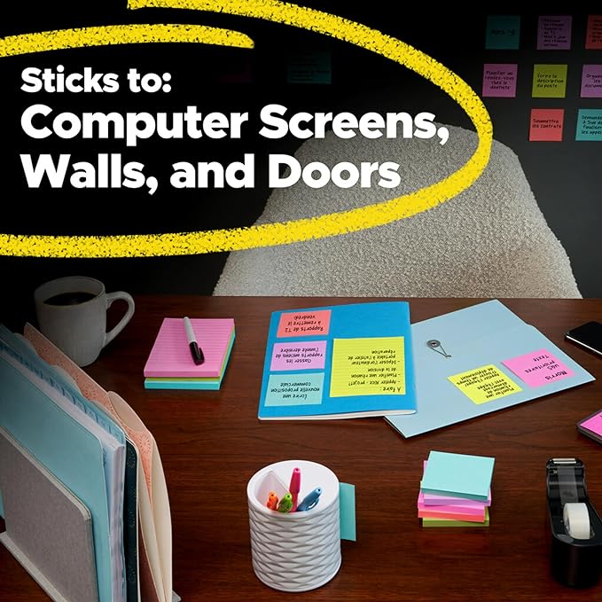 Post-it Super Sticky Notes Assorted Colors 3 x 3 inch | Teacher Pack | Super Sticky | Recyclable | 45 Sheets per Pad, 15 Pads, Pack of 6