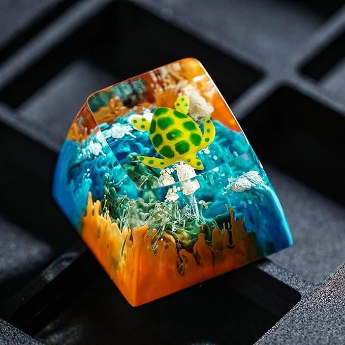 Sea Turtle Artisan Keycap Orange and Blue Coral R1 SA Profile Custom Sea Creatures Keycaps 1U ESC Handmade Gaming Ocean Resin Key Cap Cherry MX Switch Compatible Mechanical Keyboard Turtle Lover Gift