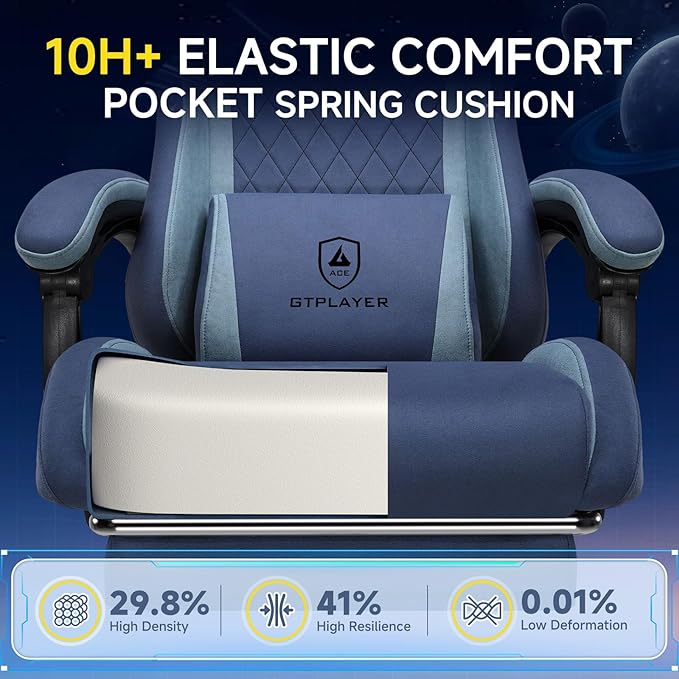 GTPLAYER Gaming Chair, Video Game Chairs with Footrest and Lumbar Support, Computer Chair for Adults with Extended Backrest, Ergonomic Reclining Silla Gamer, Fabric, Dark Blue