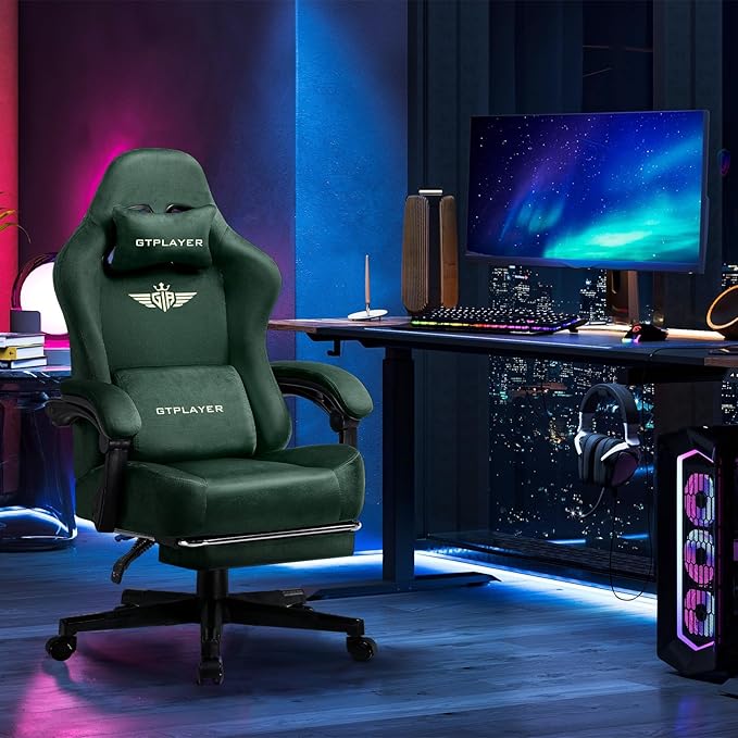 GTPLAYER Gaming Chair Fabric with Pocket Spring Cushion, Big and Tall Gamings Chairs 350LBS High Back Computer Chair with Footrest for Adults Lumbar Support Swivel Game Chair for Office Gaming Green