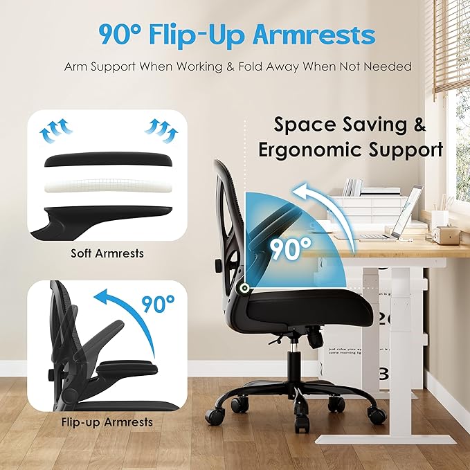Office Chair Ergonomic Desk Chair - Mesh Computer Chair Breathable Task Chair with Wheels Adjustable Lumbar Support Home Desk Office Chairs with Flip up Armrest Executive Rolling Swivel Black