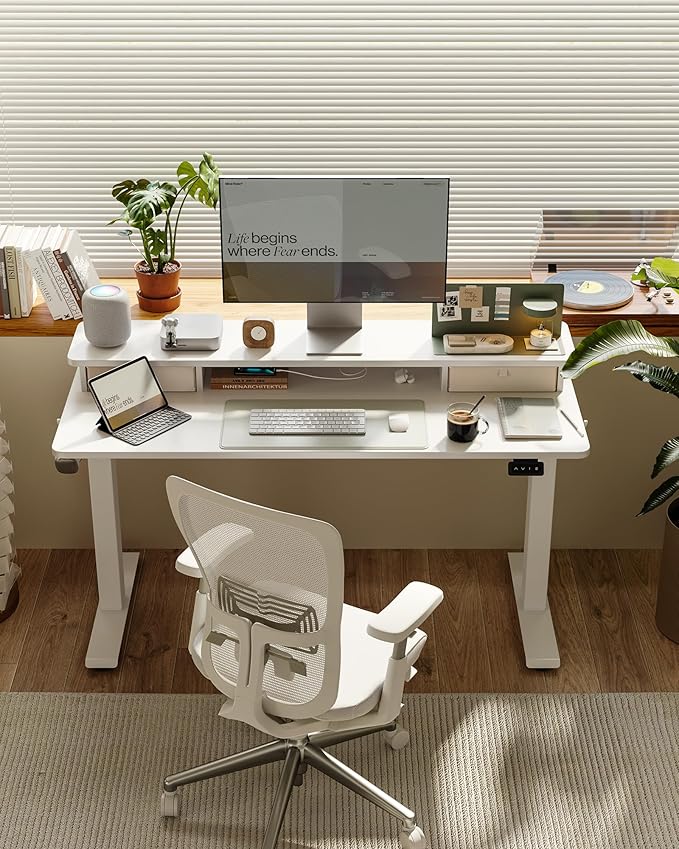 FEZIBO 55 x 24 Inch Height Adjustable Electric Standing Desk with Double Drawer, Computer Desk, Home Office Stand Up Table with 4 Height-Adjustable Feets & 2 Hooks, White
