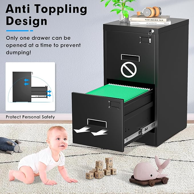 Greenvelly 2 Drawer File Cabinet with Lock, Black Metal Vertical Filing Cabinet for Home Office Fit Legal/Letter/A4/F4 Size with Hanging Bars&Key