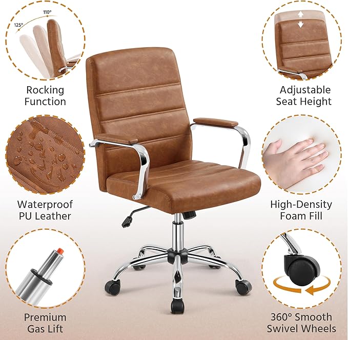 Yaheetech Mid-Back Office Chair with Arms Swivel PU Leather Height Adjustable Office Executive Chair, Retro Brown