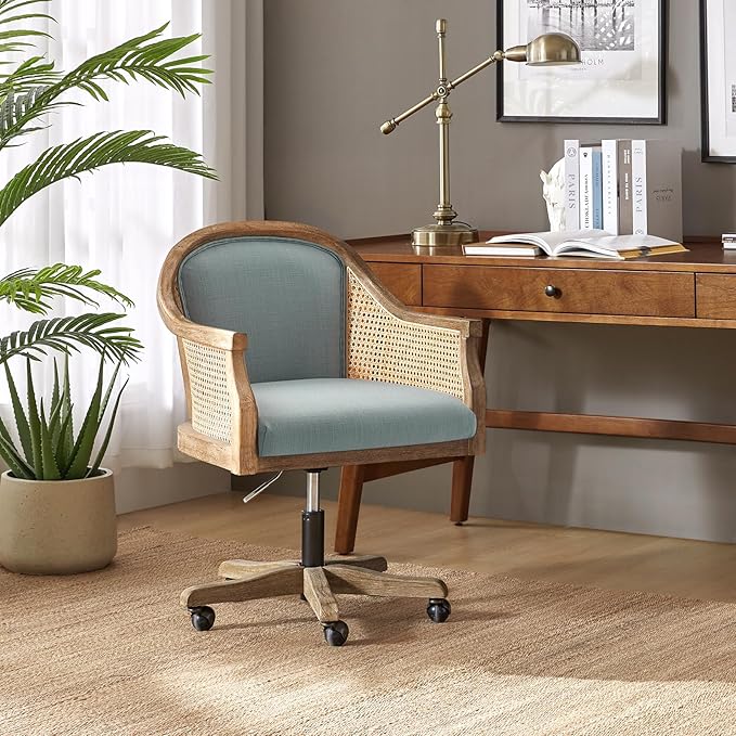 TINA'S HOME Rattan Desk Chair, Wood Upholstered Home Office Chair with Armrest, Adjustable Swivel Rolling Height Computer Task Chair for Living Room Bedroom Study Room, Blue
