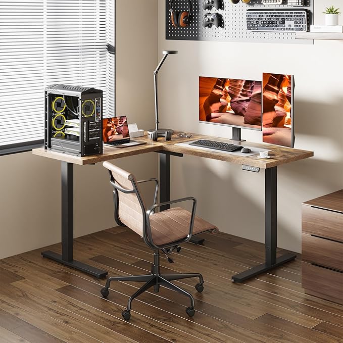 L-Shaped Standing Desk, 63 x 55 Inches Height Adjustable Desk, Sit and Stand up for Work Office Home, Ergonomic Rising Computer Table for Home Office with Splice Board, Rustic Brown