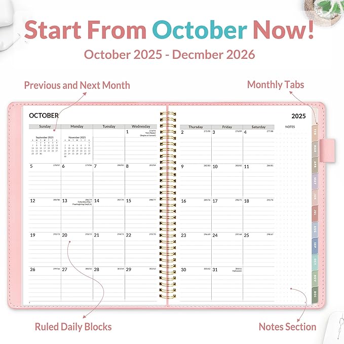 SUNEE 2026 Weekly & Monthly Planner 9"x11.2"- 12 Month (January 2026 - December 2026), Vegan Leather Cover, Pocket, Bookmark, Notes, Monthly Tab, Peach Pink