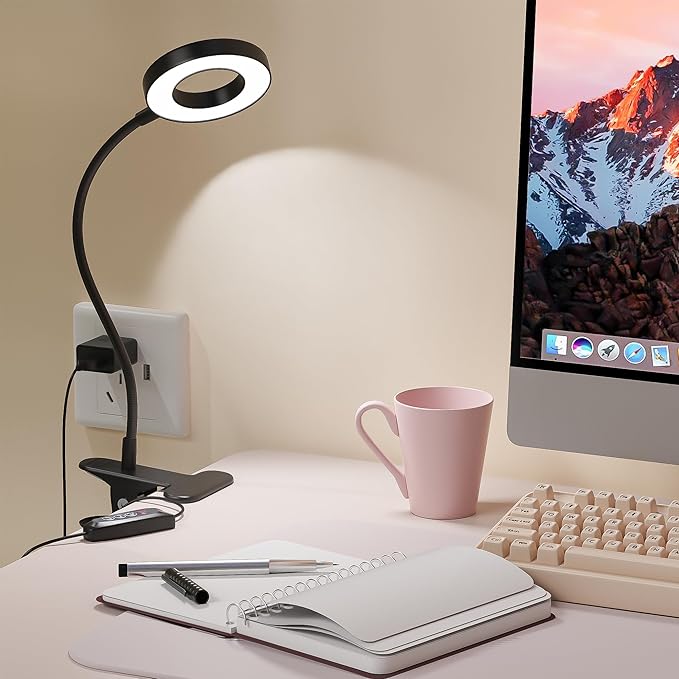 Foneso Desk Lamp Clip on Light with Adapter, 48 LED Reading Lamp with USB Charging Port, 3 Color Mode 10 Brightness Levels, Flexible Gooseneck, Memory Function Clamp Lamp for Home, Office, Makeup