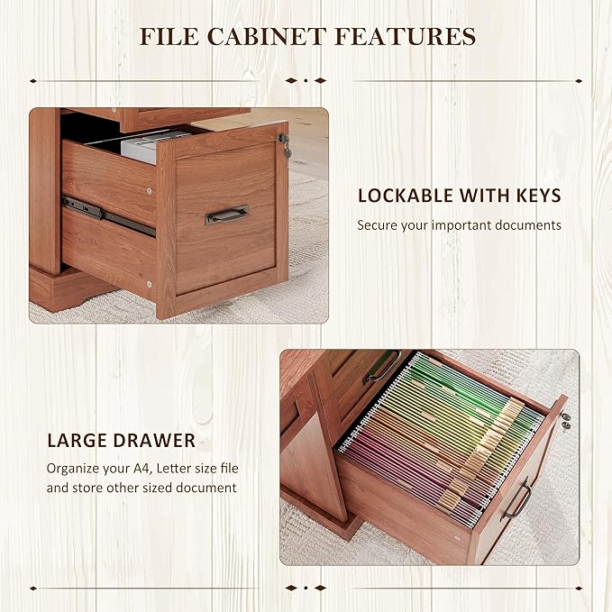 Whalefall 55'' Farmhouse Desk Home Office with Drawers, Executive Computer Desk Wooden with File Cabinet and Charging Station, Cherry Brown