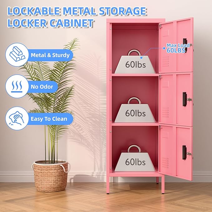 Metal Locker with Ventilation Holes, Metal Storage Cabinet with Lock and Card Slof for Home,School, Office, Gaeage,47.3" H x 15.8" W x 15.8" D,Assembly Required,Pink