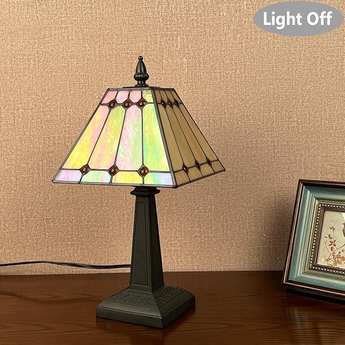 Tiffany Table Lamps Small Handmade Stained Glass Accent Table Light Mission Style Antique Desk Lamp for Bedroom Living Room Home Office
