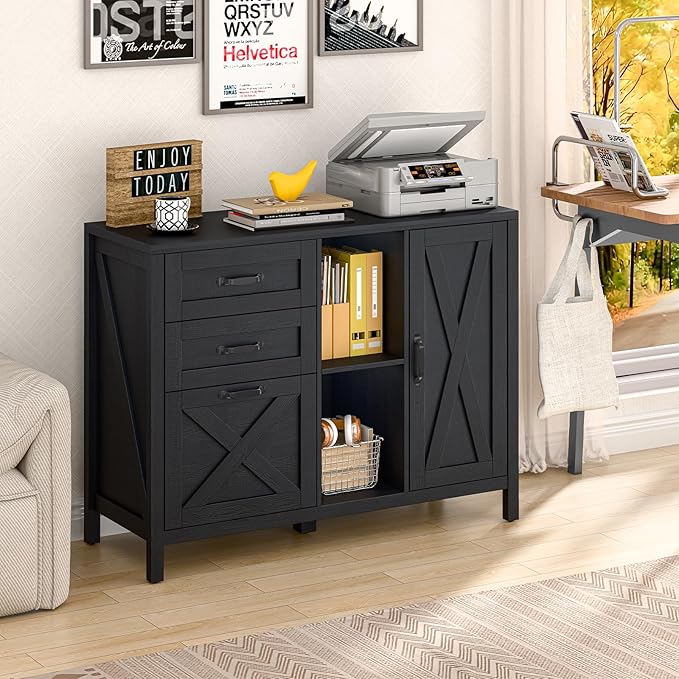 Lateral File Cabinet with 3 Drawers and Door, Farmhouse File Cabinet with Adjustable Shelf for Letter/A4 Size Hanging Files, Printer Stand with Storage Cabinet for Home Office Furniture, Black