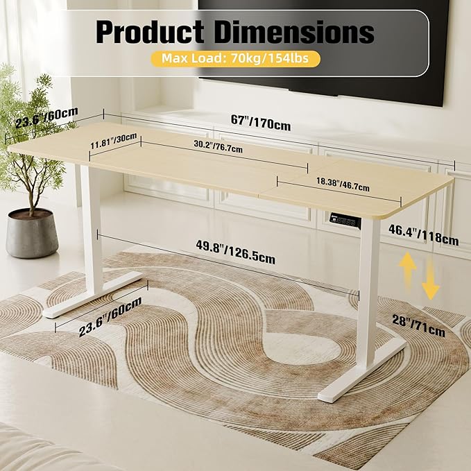 ERGOMAKER Electric Standing Desk, 67" x 23.6" Height Adjustable Sit Stand Desk with Splice Board for Home Office, Computer Desk Memory Preset (White Frame, Gold Oak Desktop)