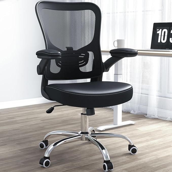 Ergonomic Office Chair with Lumbar Support, Adjustable PU Leather Computer Chair, Executive Desk Chair with Flip-up Arms, Breathable Mesh Back, Swivel Rolling Task Chair for Home Office Black