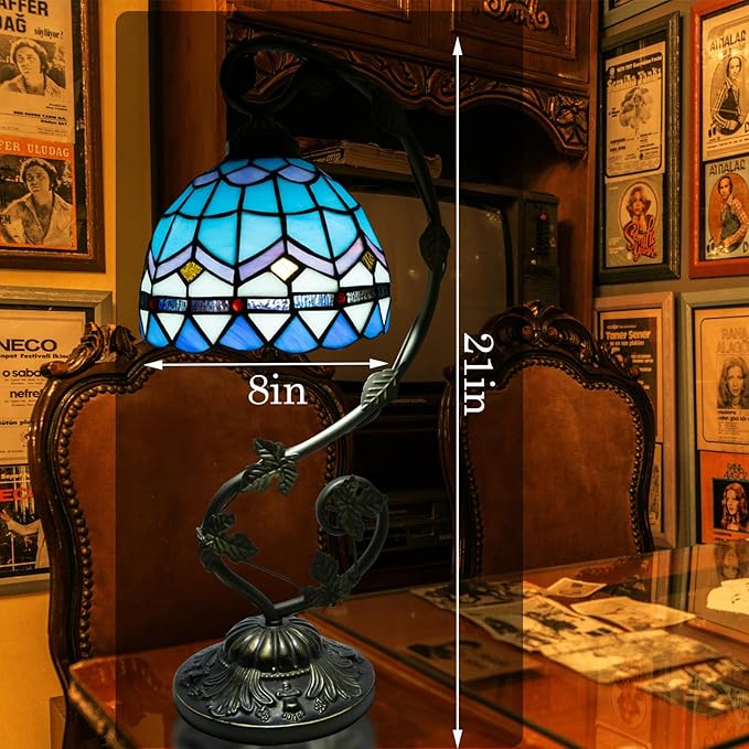 Tiffany Lamp,21x11x8inches Blue Stained Glass Lamp,Tiffany Style Table Lamp with Three-Color Dimming for Bedside Table,Dining Table,Antique Office