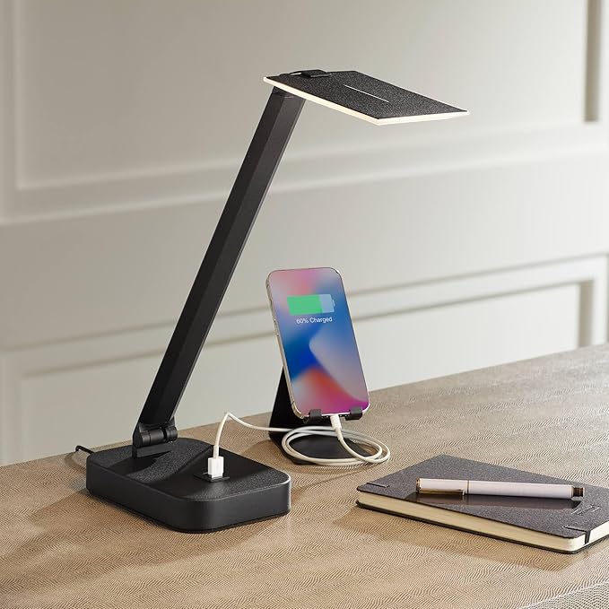 Possini Euro Design Rayven 22" High Single Modern Metal Desk Lamp Adjustable Height LED USB Port Black Finish Family Office Living Room Charging Bedroom Bedside Nightstand House Reading