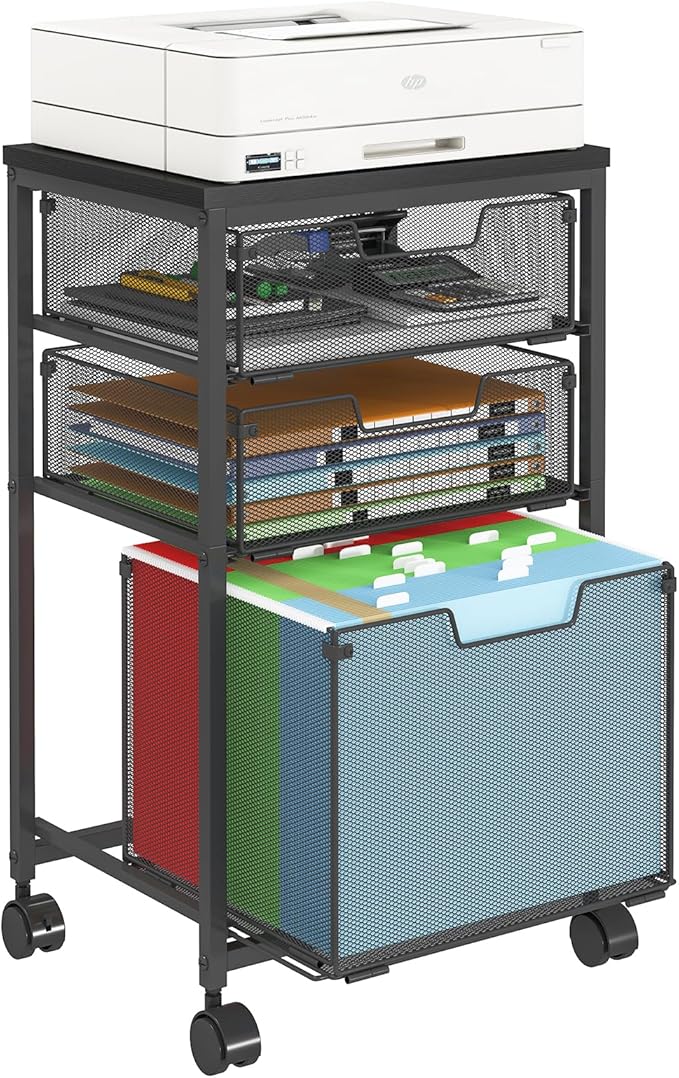 Rolling File Cart with 3 Drawers, Mobile Filing Cabinet for Home Office, Under Desk Storage Organizer with Wheels, Hanging Folder Holder Utility Cart Printer Stand, Black