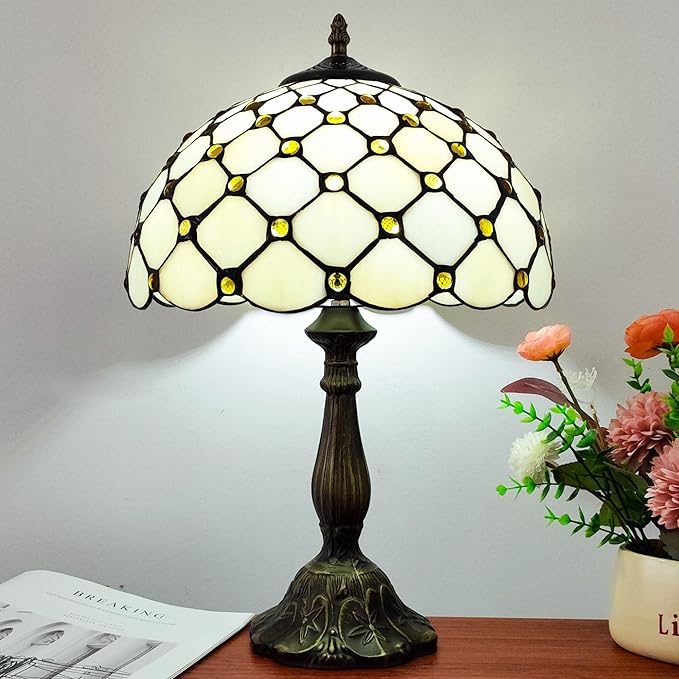Tiffany Lamp Stained Glass Table Lamp - Antique Bedside Desk Reading Light With 3-Way Color LED - Living Room Nightstand 12X12X19 Inches - Home Office Desk Lamp - Cream White Pearls Style