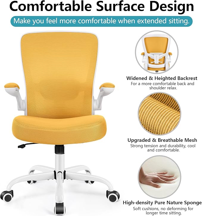 FelixKing Office Chair, Ergonomic Desk Chair Breathable Mesh Chairs Adjustable High Back Lumbar Support Flip-up Armrests, Executive Rolling Swivel Comfy Computer Chairs Home Office Yellow