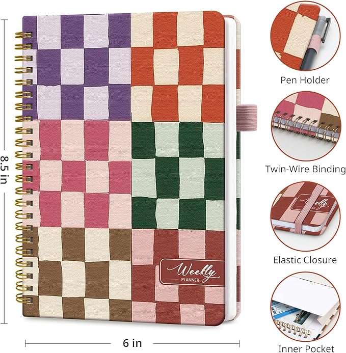 Undated Weekly Planner, Weekly To Do List Notebook with Goal & Habit Tracker Organizer, A5 Weekly Planner Notebook with Spiral Binding, 6.1" x 8.2" - Checkered
