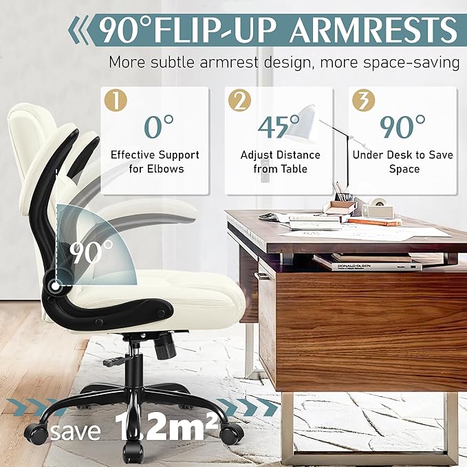 Leather Office Chair, PU Home Computer Desk Chairs with Ergonomic Back Support, 360° Swivel Free,Small Gmaing Chair with Wheels and Adjustable Armrests, for Short People Use, Cream