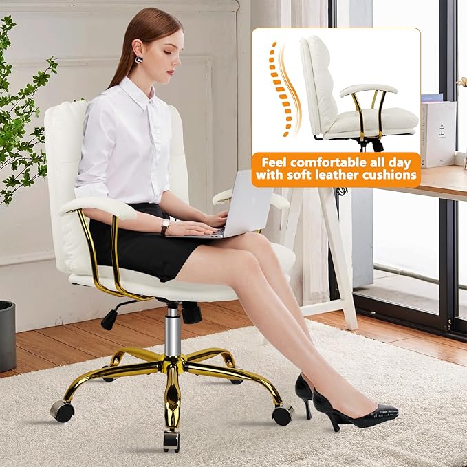Leather Home Office Desk Chair, Mid-Back Vanity Chair Make Up Chair with Gold Wheels and Armrests, Rolling Swivel Computer Task Chair for Office Bedroom Living Room Girls Women, White, 8 Pack