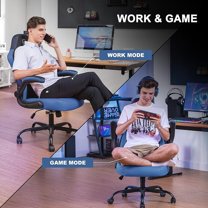 GTPLAYER Video Gaming Chair, Ergonomic Computer Gaming Chair with Flip-Up Armrests and Adjustable Height, Comfortable Desk Chairs with Built-in Lumbar Support, Recliner with 360°Swivel (Blue)