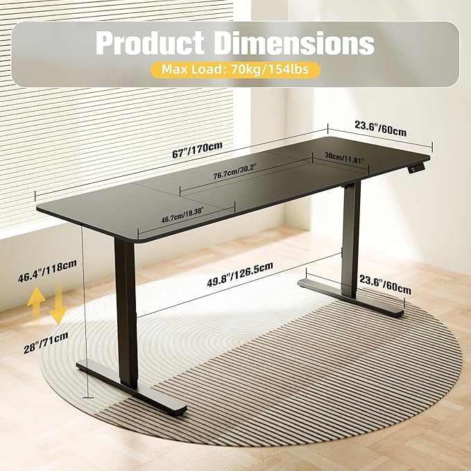ERGOMAKER Electric Standing Desk, 67" x 23.6" Height Adjustable Sit Stand Desk with Splice Board for Home Office, Computer Table Memory Preset (Black Frame, Black Desktop)