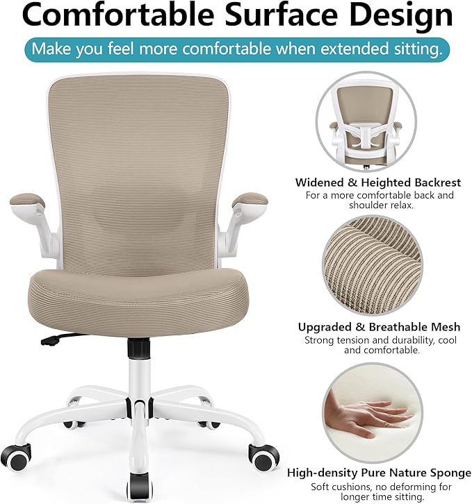 FelixKing Office Chair, Ergonomic Desk Chair Breathable Mesh Chairs Adjustable High Back Lumbar Support Flip-up Armrests, Executive Rolling Swivel Comfy Computer Chairs Home Office Khaki