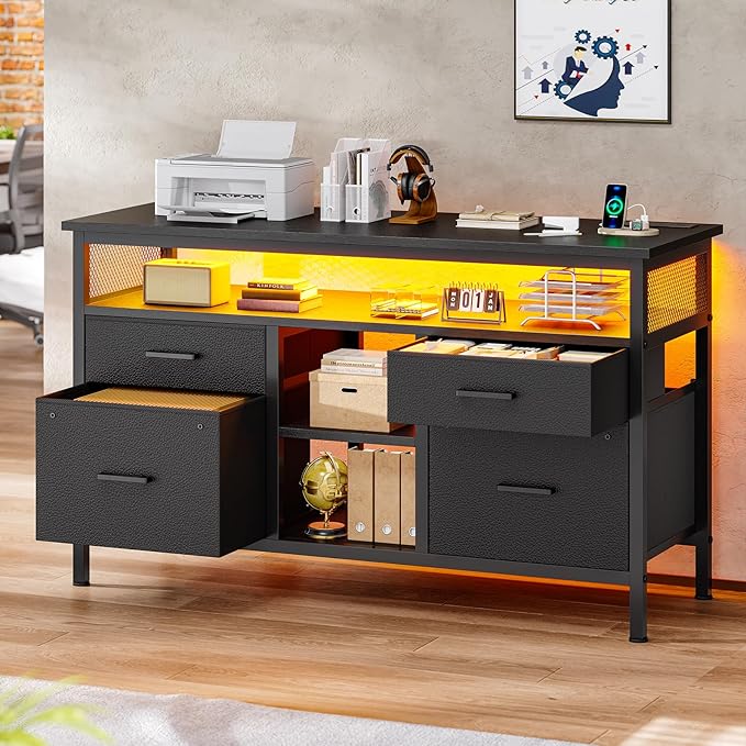 4 Drawer Lateral File Cabinet, Filing Cabinet with Outlet and LED Light, Printer Stand, Open Storage Shelf, Fabric Lateral Filing Cabinet for A4/Letter, for Home Office, Black