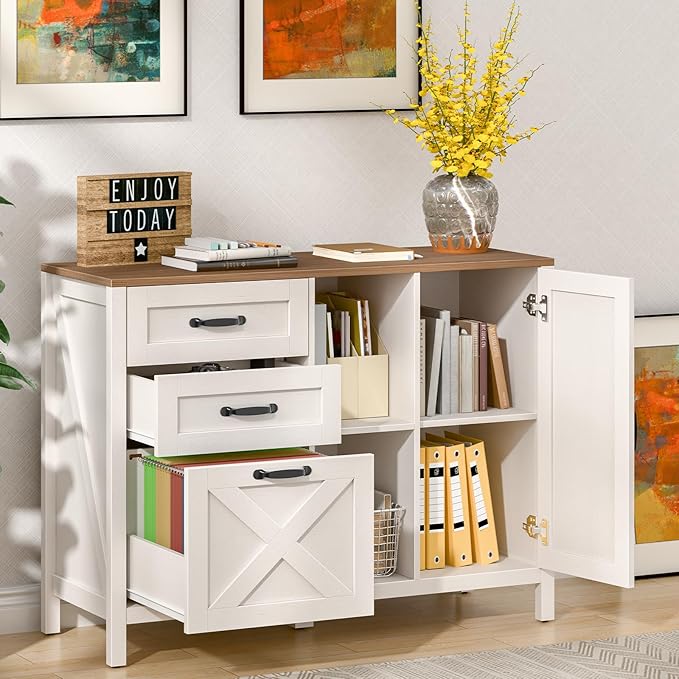 Lateral File Cabinet with 3 Drawers and Door, Farmhouse File Cabinet with Adjustable Shelf for Letter/A4 Size Hanging Files, Printer Stand with Storage Cabinet for Home Office Furniture, White