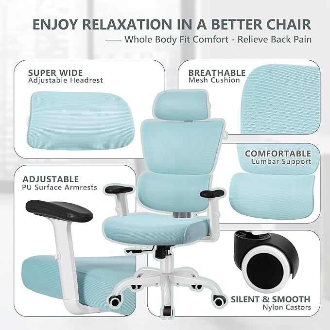 Winrise Big & Tall Ergonomic Reclining Desk Chair - High Back Gaming Chair With Breathable Mesh Seat, Lumbar Support, Adjustable Armrests (Blue)
