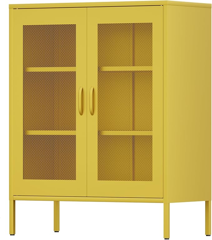 Yellow Metal Storage Cabinet with Mesh Doors, Office Metal Locker Cabinet, Metal Display Cabinet with 2 Adjustable Shelves for Home, Office, Kitchen