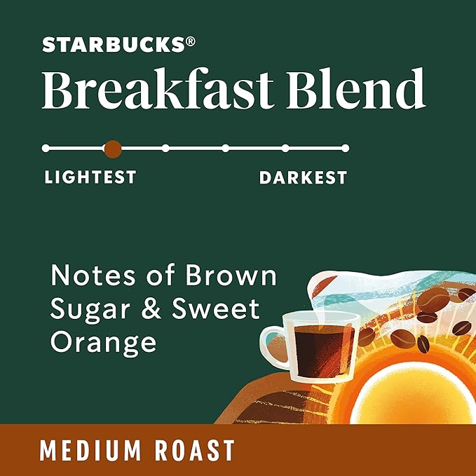 Starbucks K-Cup Coffee Pods, Medium Roast Coffee, Breakfast Blend for Keurig Brewers, 100% Arabica, 6 boxes (60 pods total)