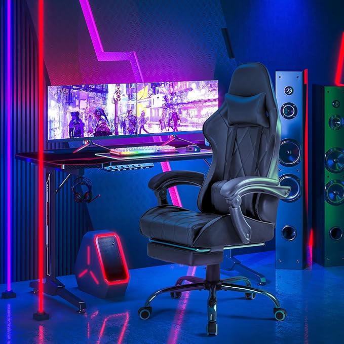 Homall Gaming Chair, Computer Chair with Footrest and Massage Lumbar Support, Ergonomic High Back Video Game Chair with Swivel Seat and Headrest (Dark Black)
