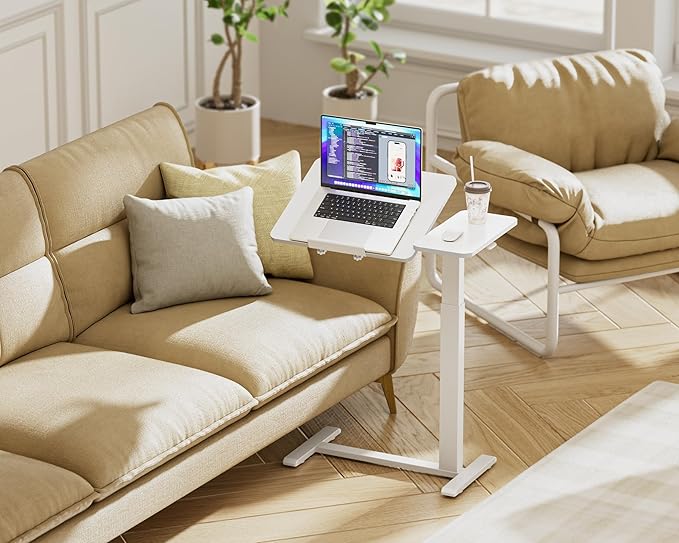 Ywin Medical Adjustable Tilt Overbed Bedside Table with Wheels, Swivel Portable Tray Table(27.6" W x 15.8" D), Small Standing Desk for Bedroom, Hospital, Couch, Office Use,White