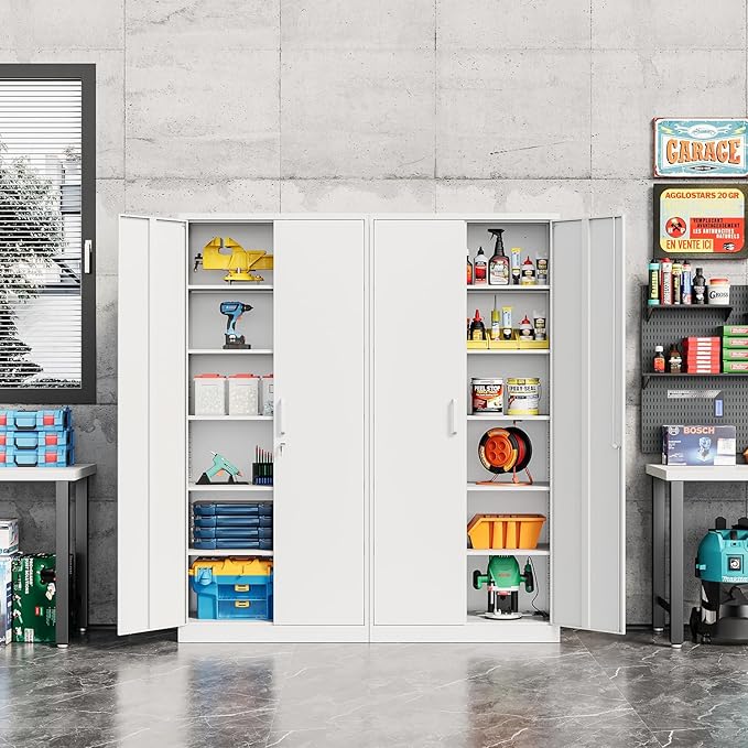 Metal Storage Cabinet-72” Tall Steel File Cabinets with Lockable Doors and 5 Adjustable Shelves-White Steel Storage Cabinet for Home, School, Office, Garage