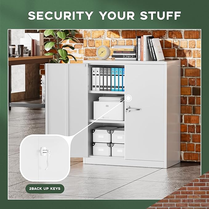 Greenvelly Metal Cabinet, 36" Locking Storage File Cabinet with Doors and Shelves for Office,Home,Gym,School,Kitchen(White)