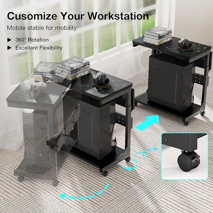 Height Adjustable Computer Tower Stand, 2-Tier PC Stand CPU Holder Under Desk Gaming Case Cart w/Rolling Wheels & Mouse Pad, Folding End Table Mobile Laptop Desk