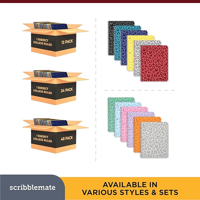 Spiral Notebooks College Ruled 1 Subject Spiral Notebook Bulk Pack of 48 Assorted Bold Colors, 8 x 10 1/2 Inch, 70 Sheets, Leopard Pattern Bulk Notebooks for Work & School
