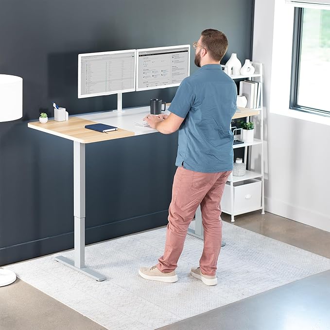 VIVO Electric 71 x 30 in Standing Desk, Memory Height Adjustment, 1B Series, White and Light Wood, Top Gray Frame, DESK-KIT-1G7WC